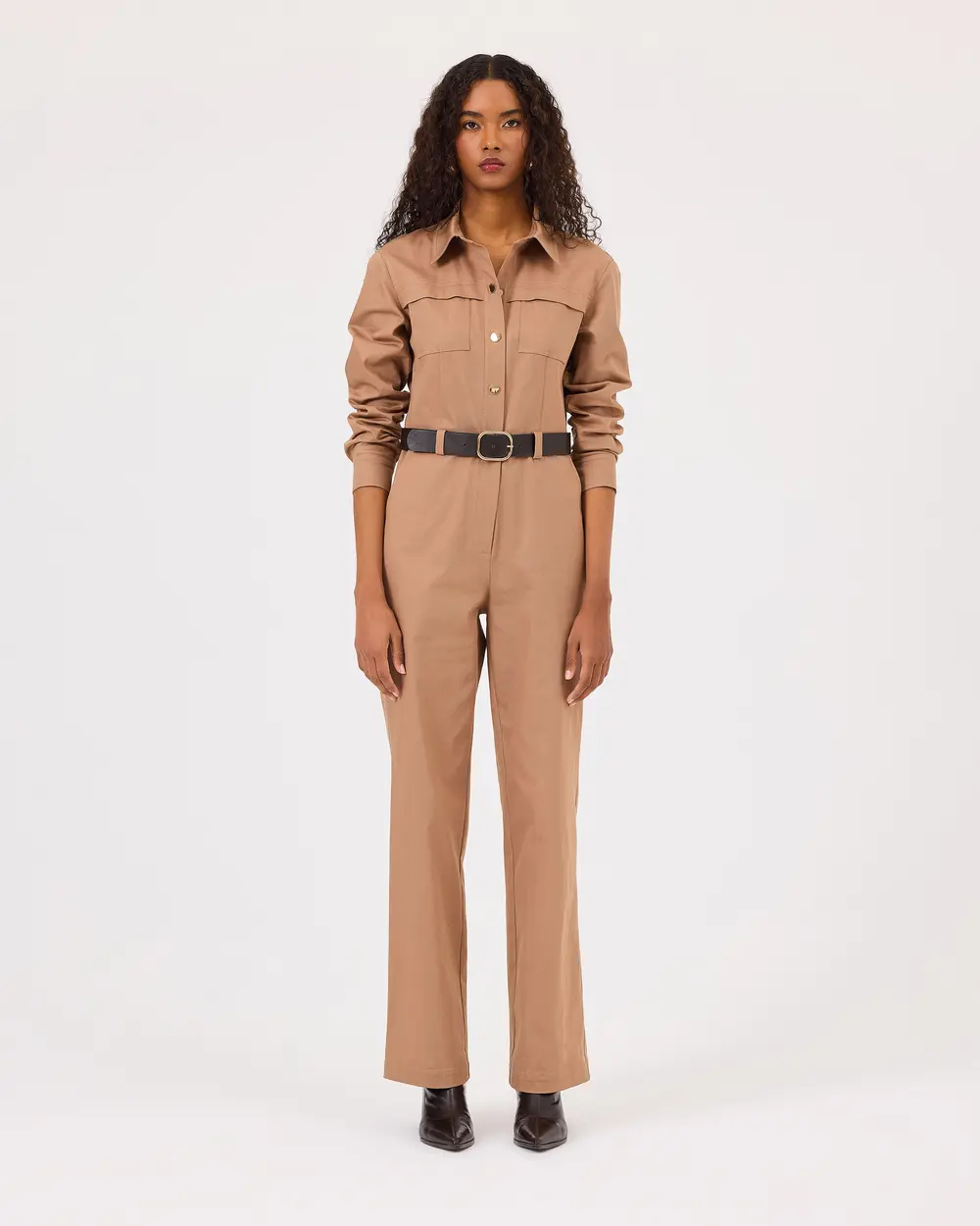 Shirt Collar Belted Pocket Detailed Jumpsuit