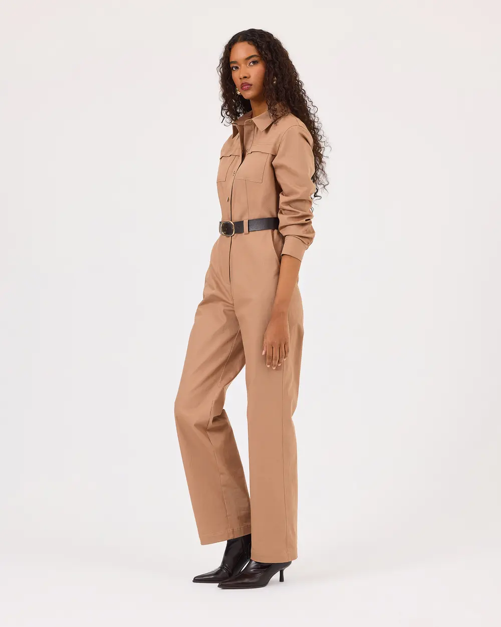 Shirt Collar Belted Pocket Detailed Jumpsuit