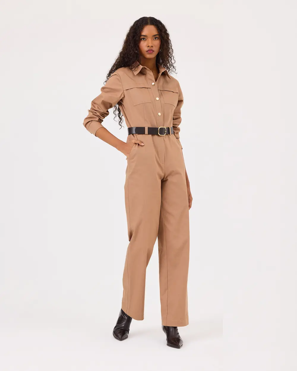 Shirt Collar Belted Pocket Detailed Jumpsuit