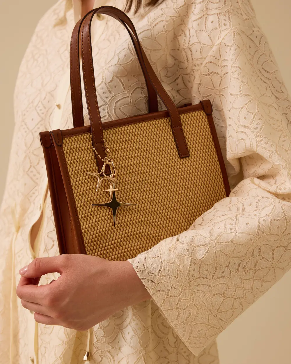 Straw Look Faux Leather Detailed Accessory Bag