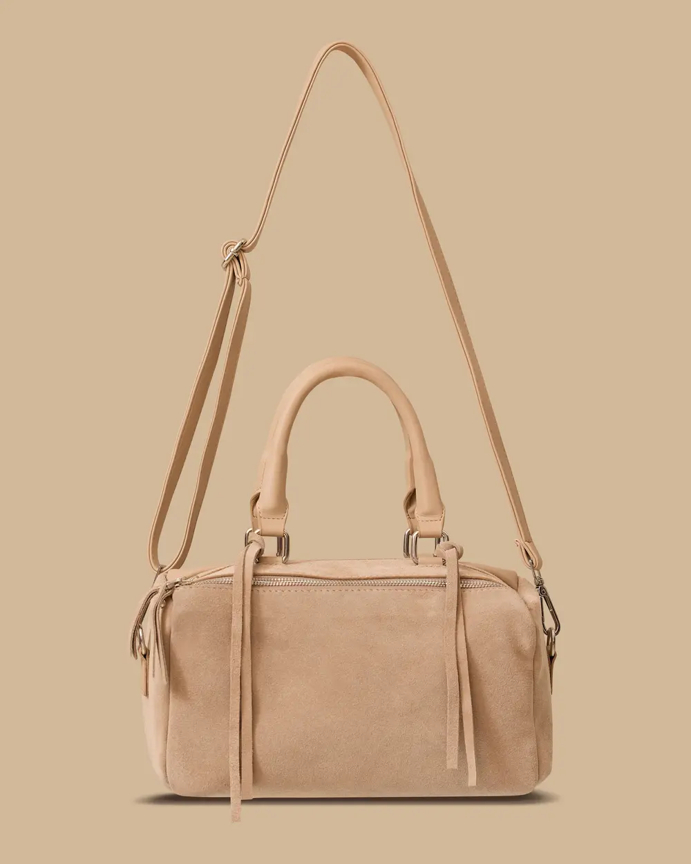 Çift Fermuarlı Püskül Detaylı Çanta