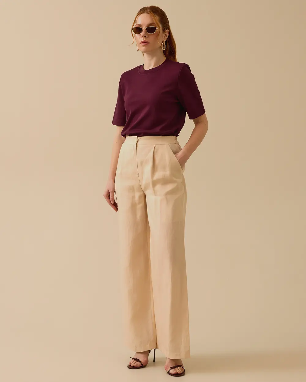Linen Look Pleated Wide Leg Trousers