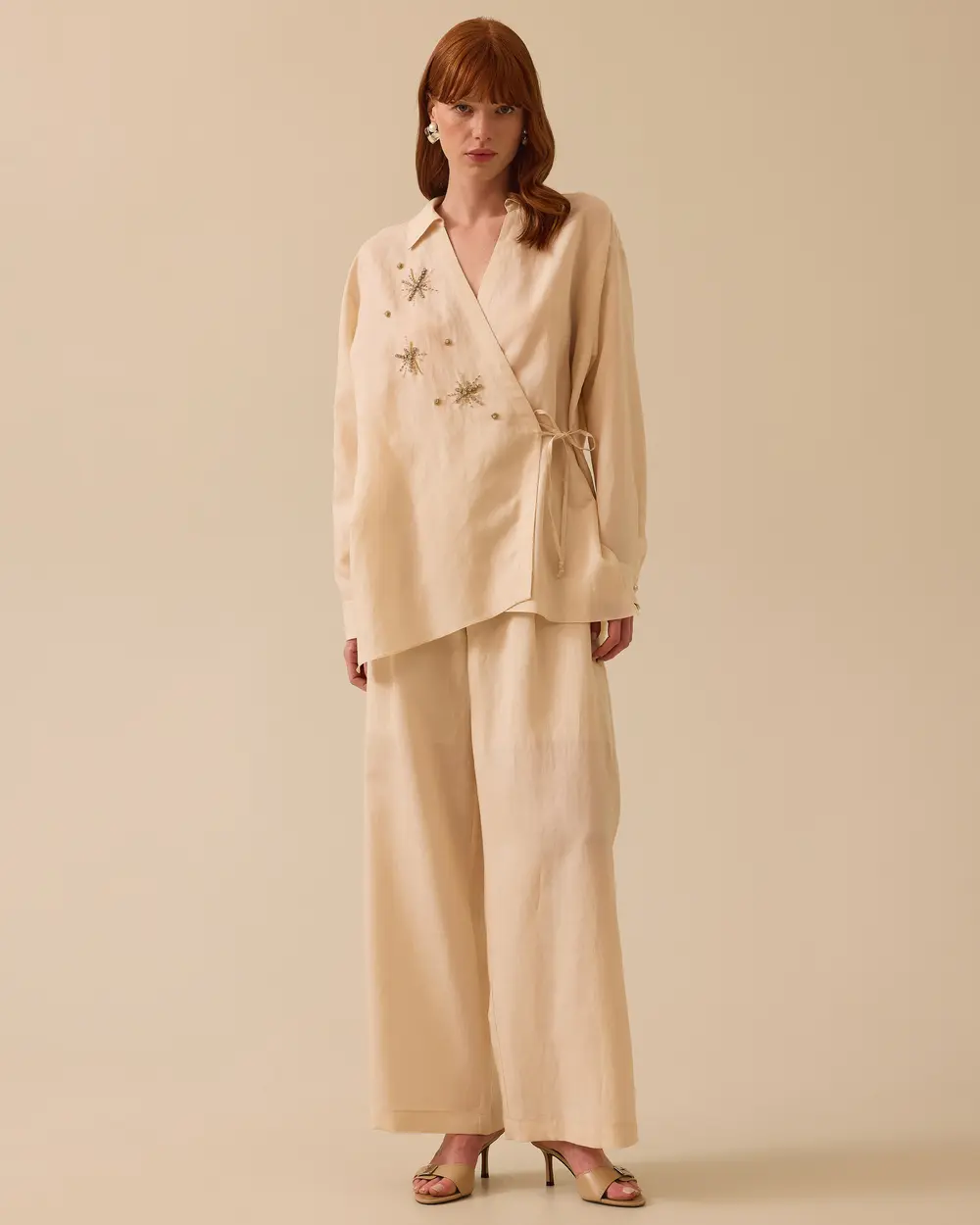 Linen Look Pleated Wide Leg Trousers