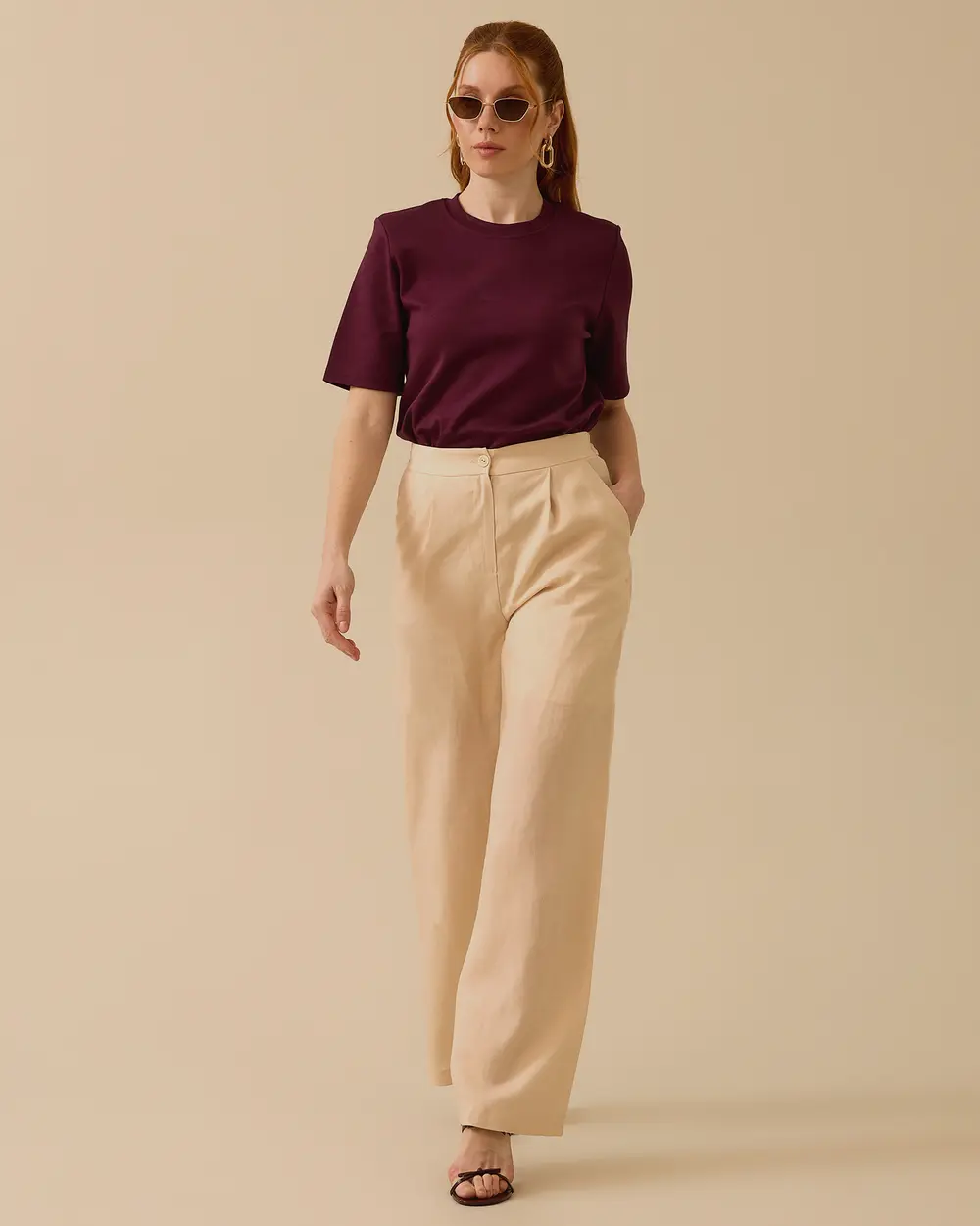 Linen Look Pleated Wide Leg Trousers