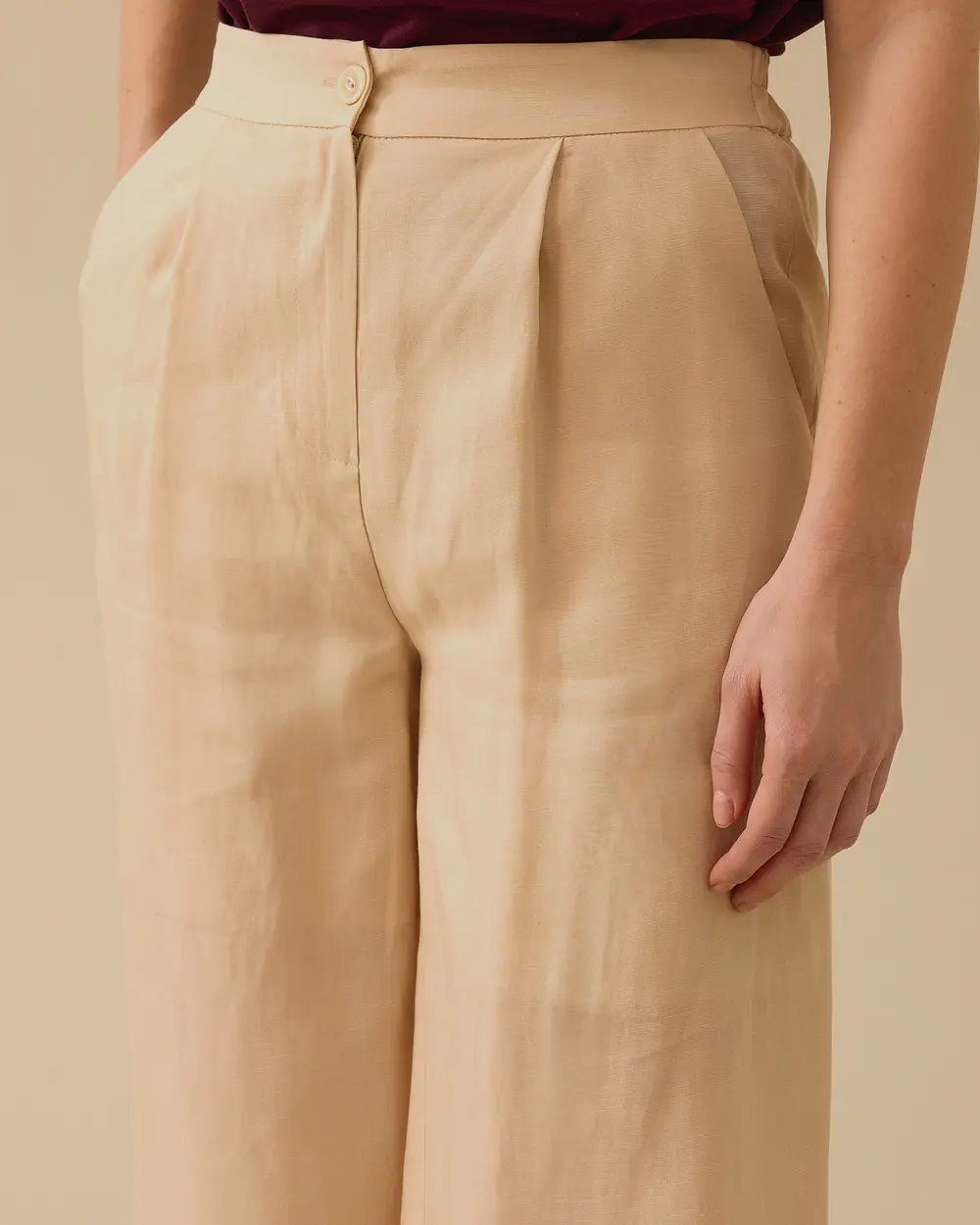 Linen Look Pleated Wide Leg Trousers