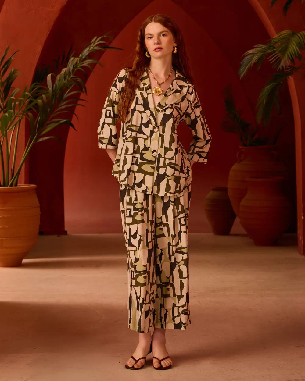 Desenli Geniş Paça Cepli Pantolon