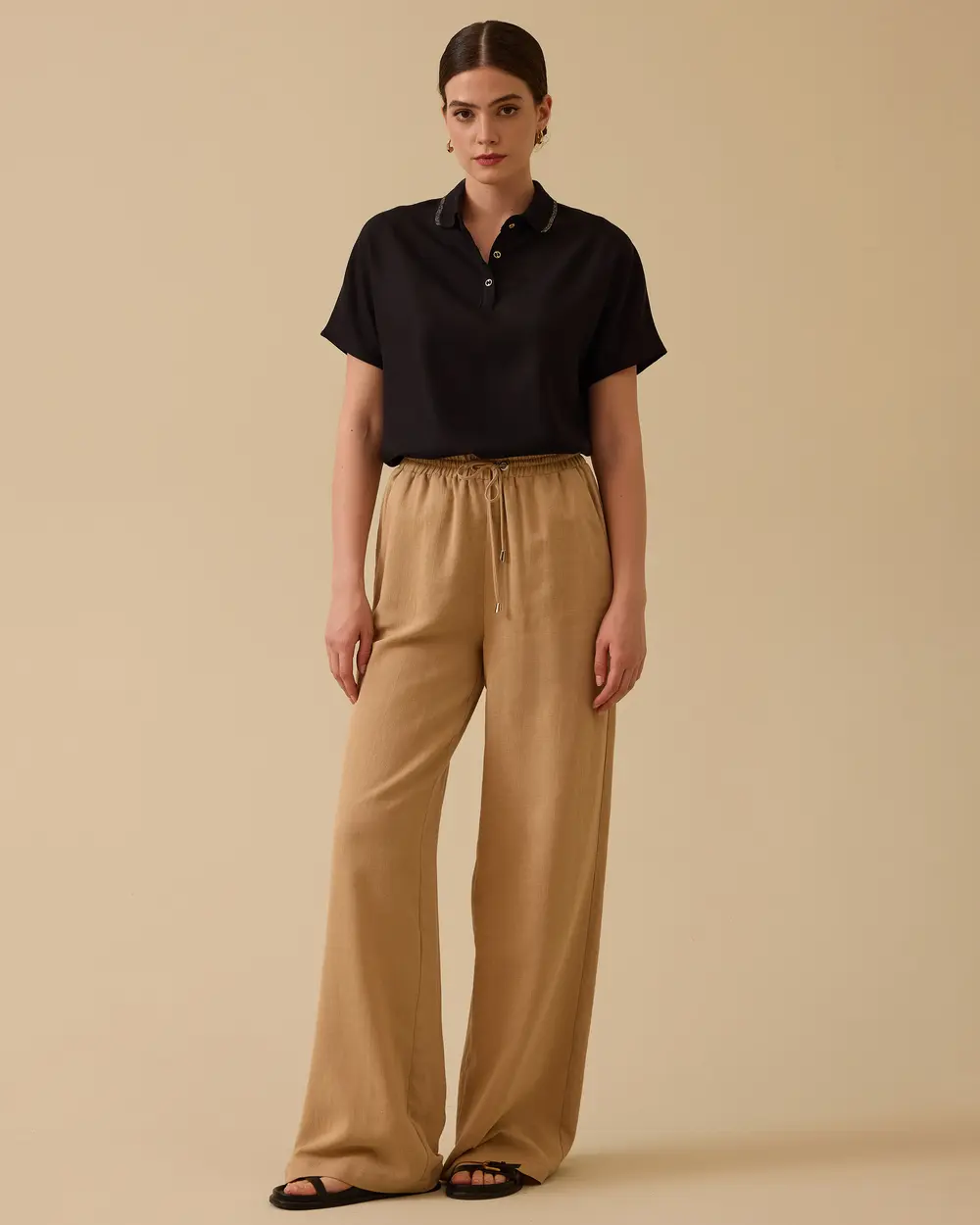 Lace-up Wide Leg Linen Trousers