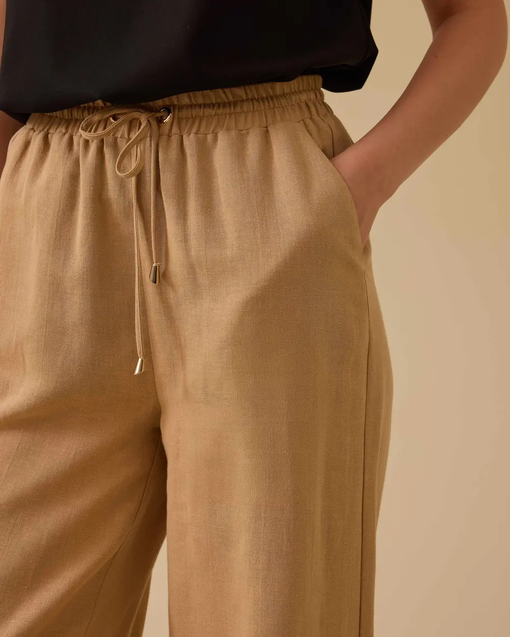 Bağcıklı Bol Paça Keten Pantolon