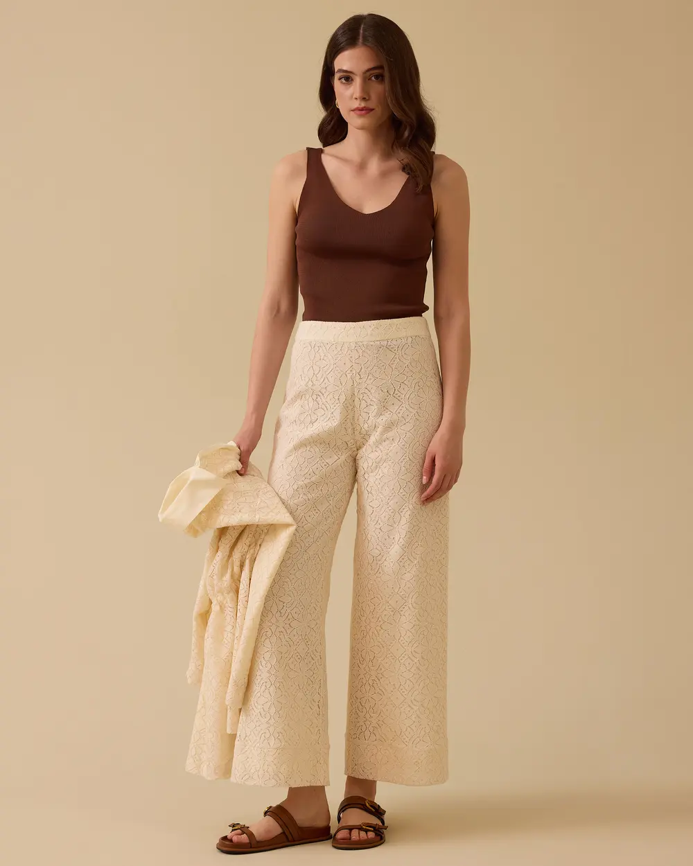 Lace Textured Wide Leg Trousers