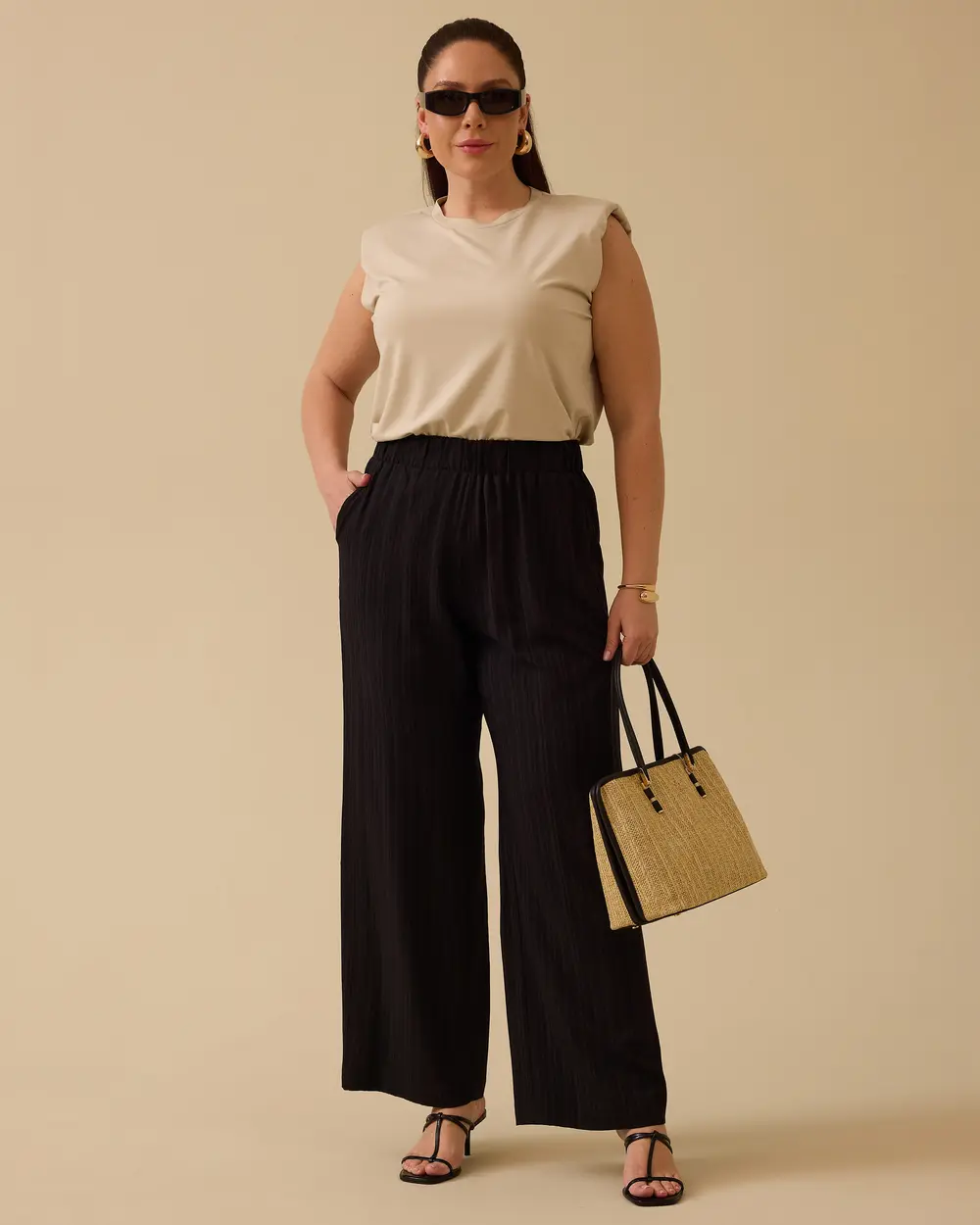 Büyük Beden Dokulu Geniş Paça Pantolon