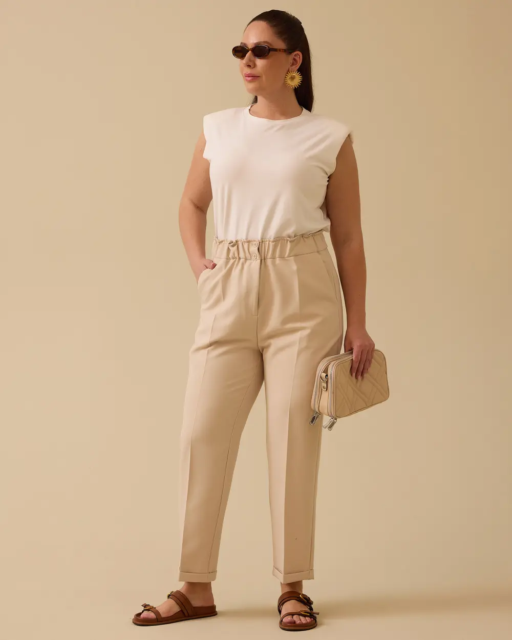 Büyük Beden Beli Büzgülü Duble Paça Pantolon