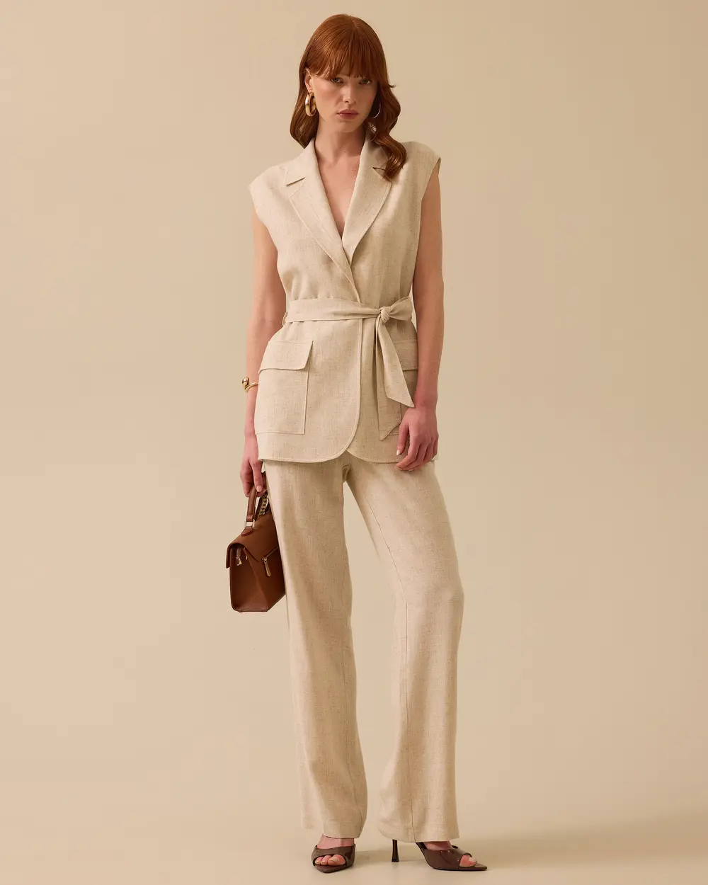 Belted Linen Vest with Pockets