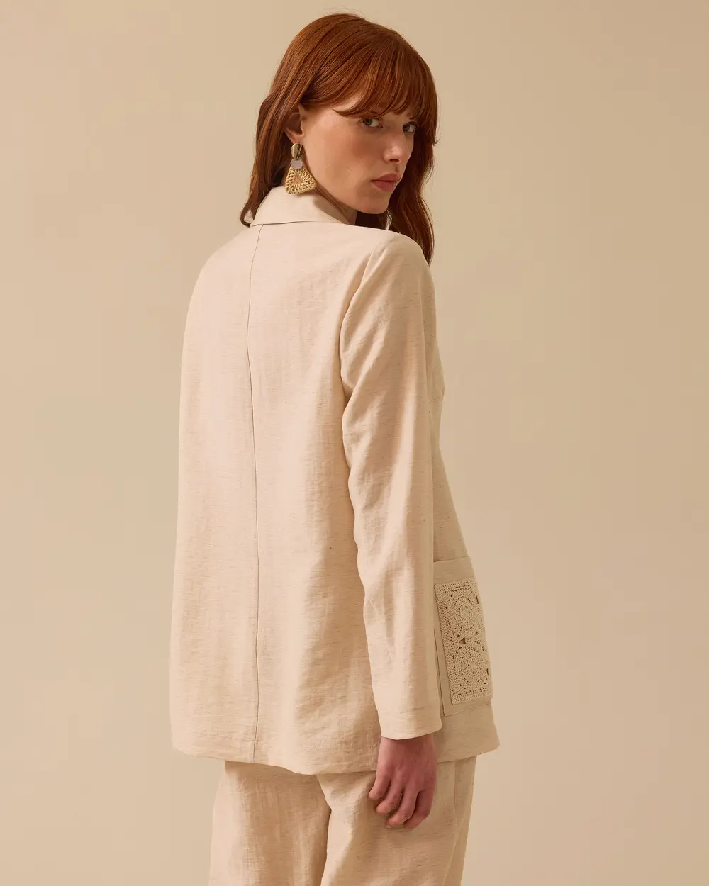 Linen Look Embroidered Pocket Detailed Jacket