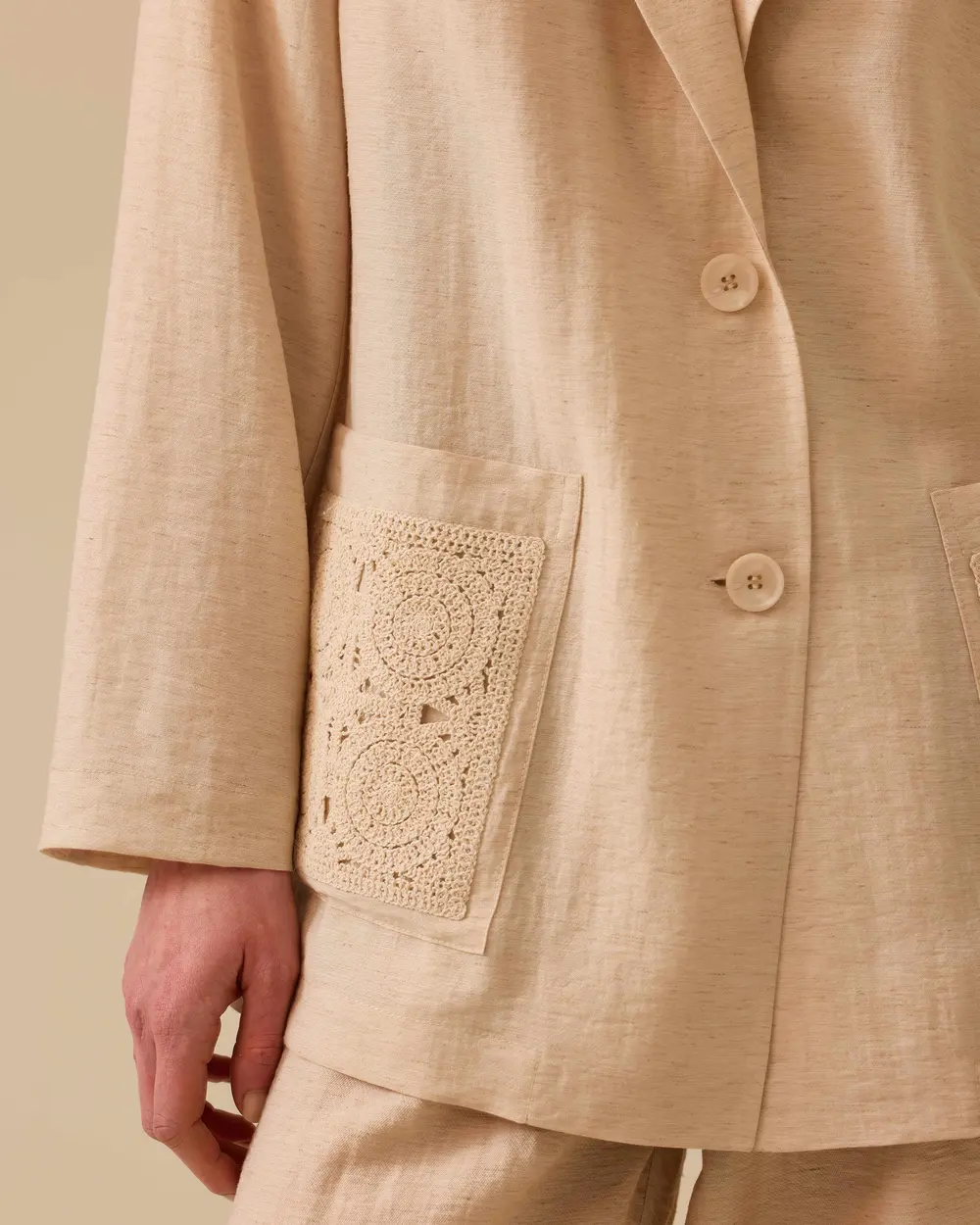 Linen Look Embroidered Pocket Detailed Jacket