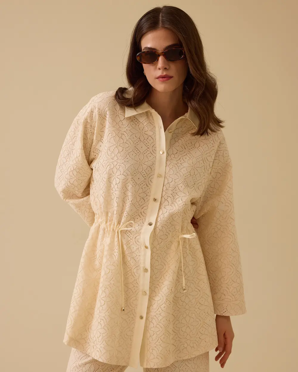 Patterned Lace Jacket with Drawstring Waist