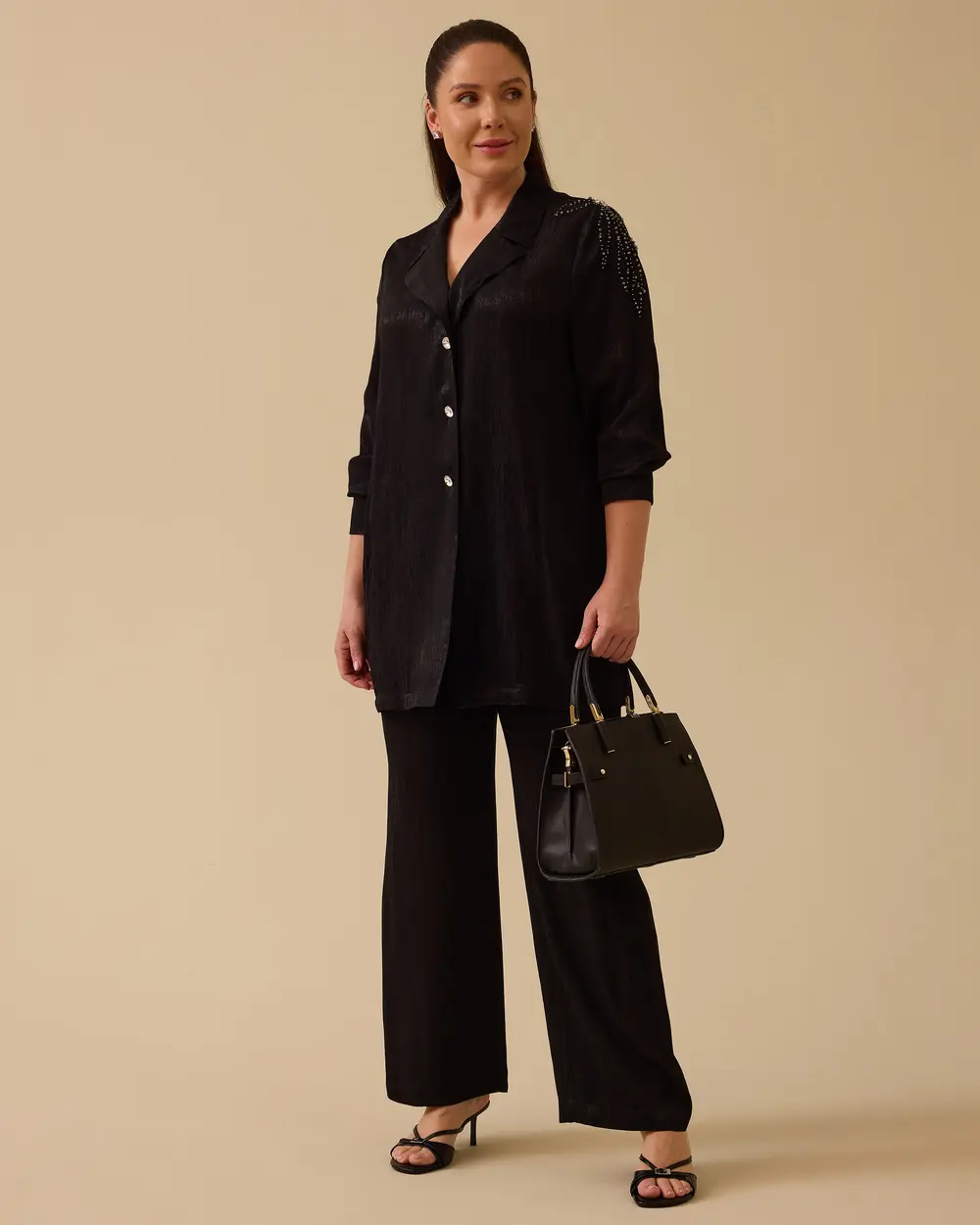 Plus Size Stone Detailed Shiny Textured Jacket