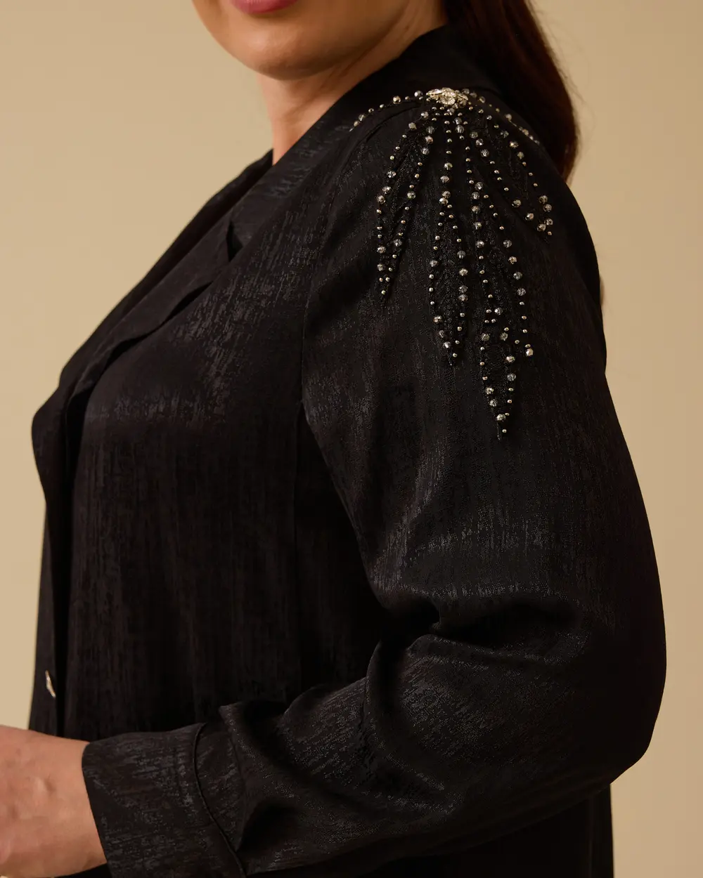 Plus Size Stone Detailed Shiny Textured Jacket