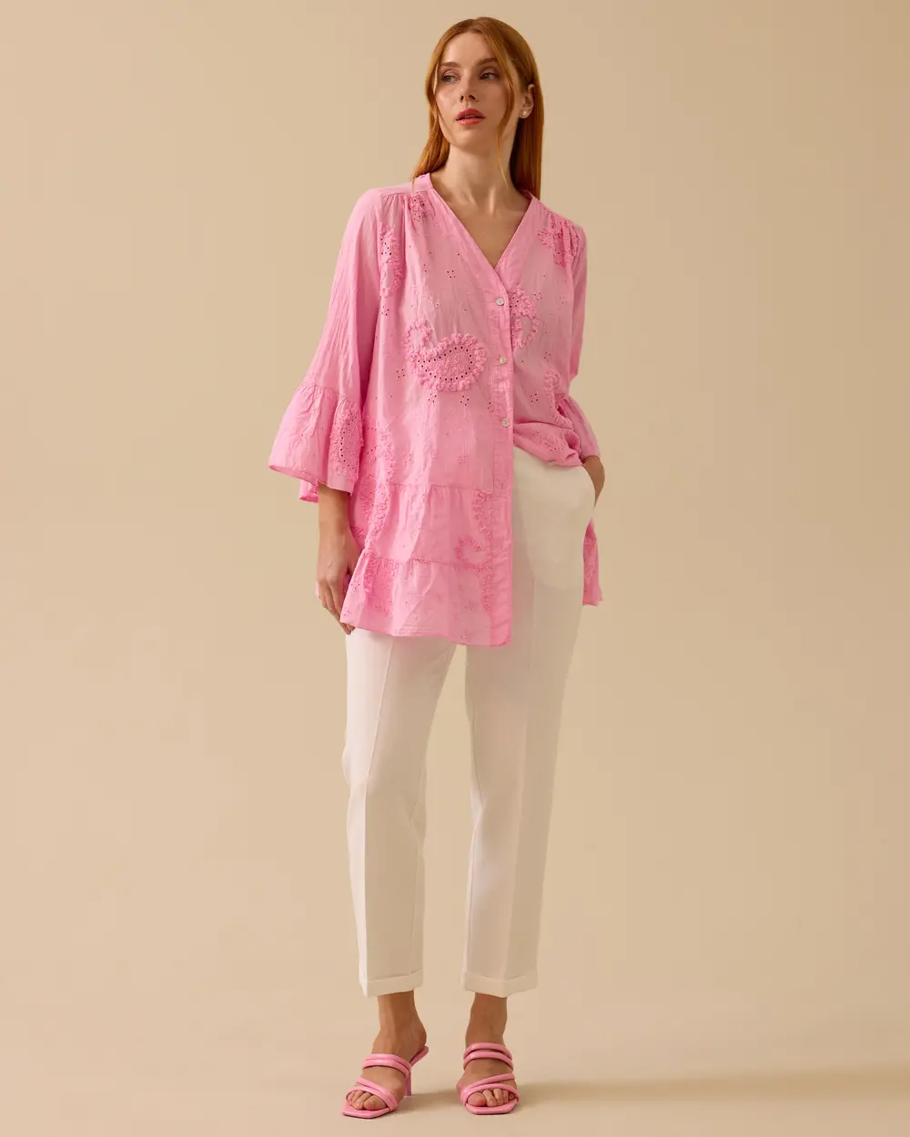 Patterned Tunic with Ruffle Sleeve Detail