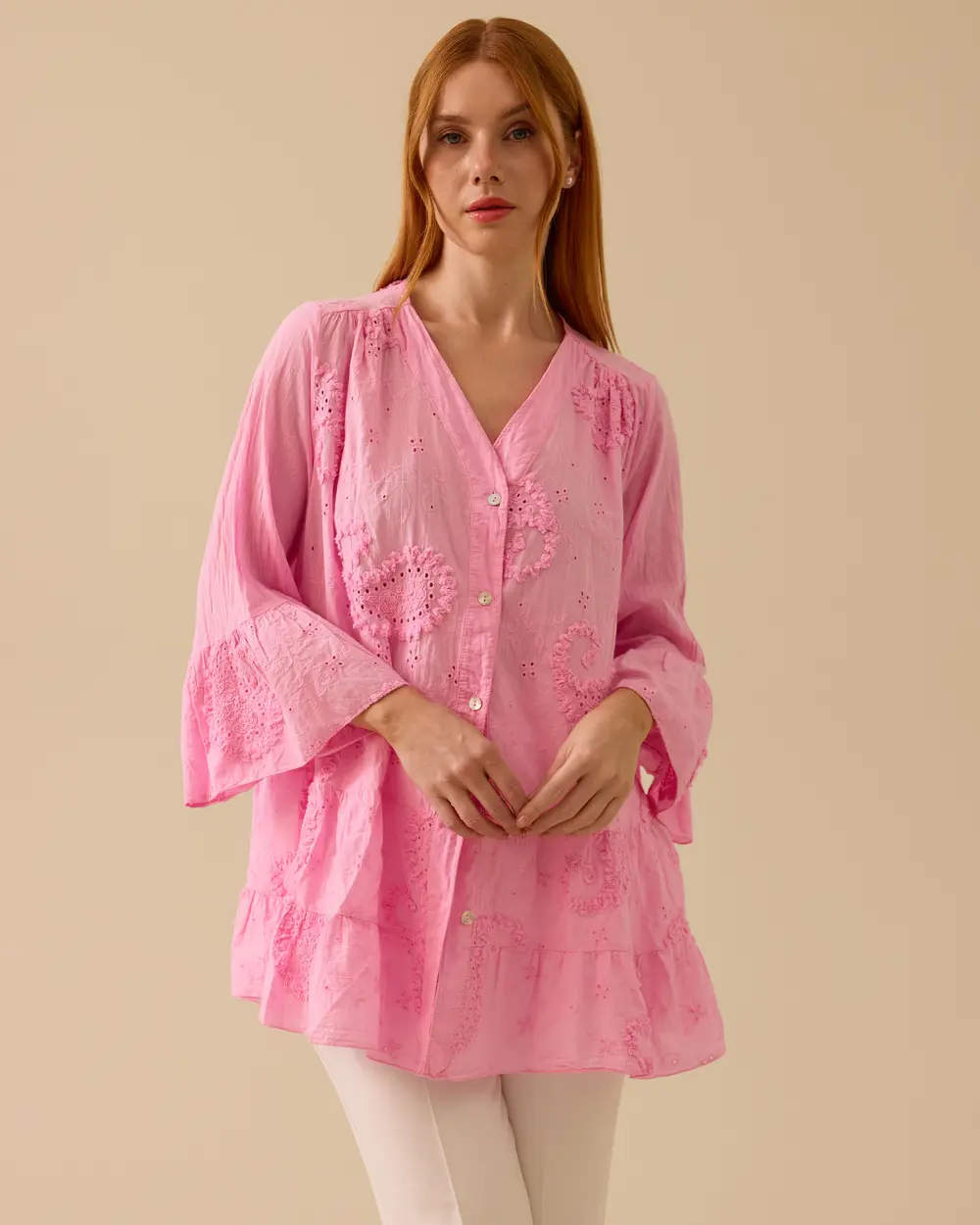 Patterned Tunic with Ruffle Sleeve Detail