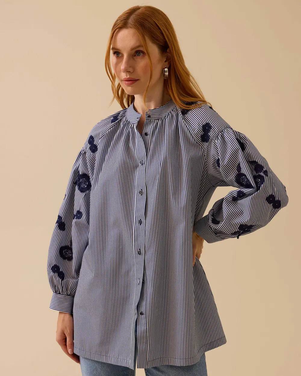 Judge Collar Striped Embroidery Detailed Tunic