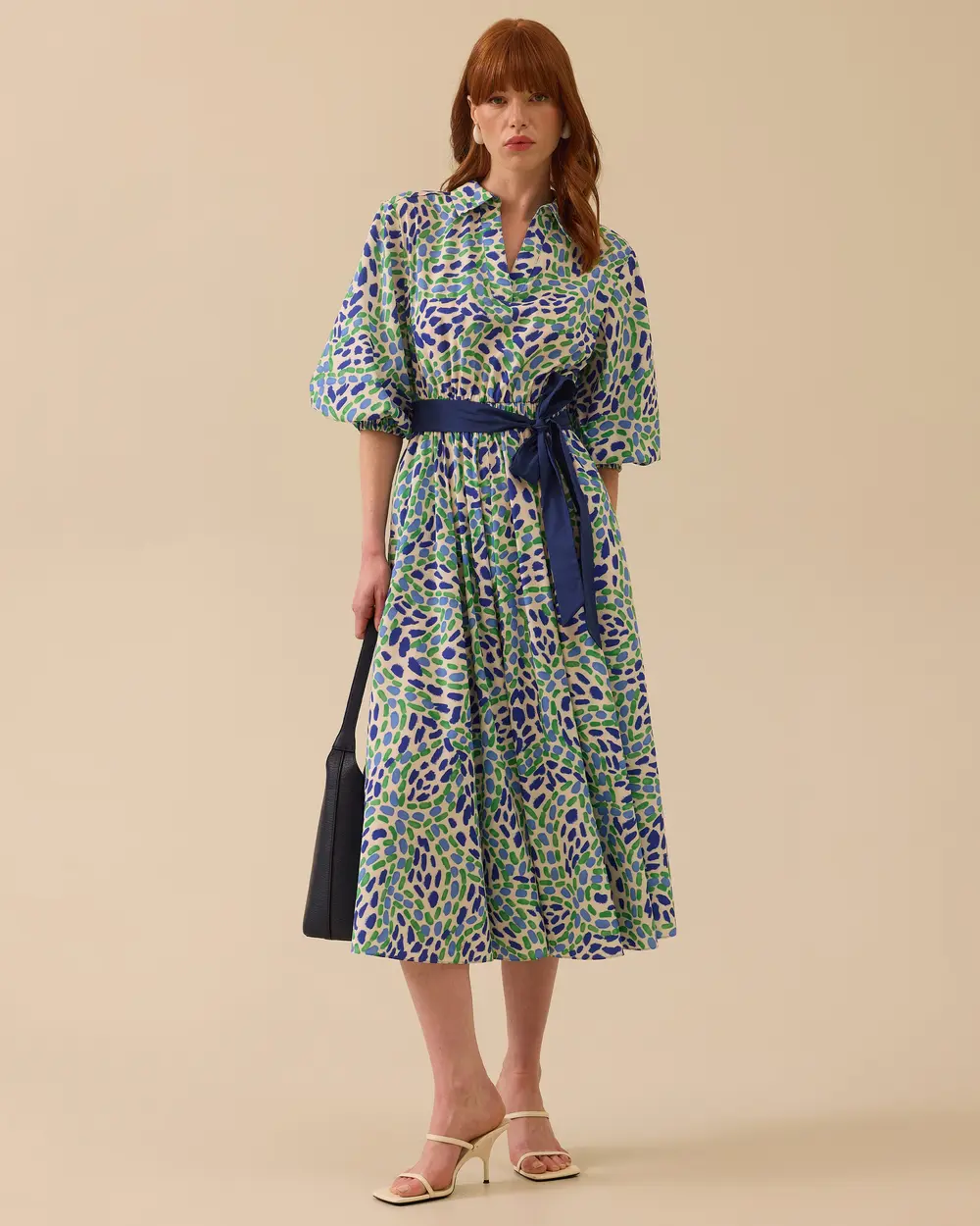 Patterned Midi Dress with Belt Detail