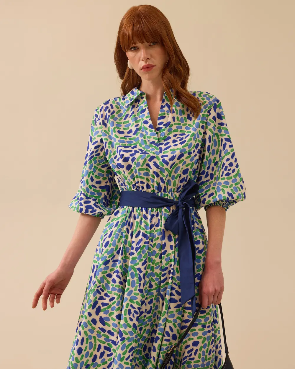 Patterned Midi Dress with Belt Detail