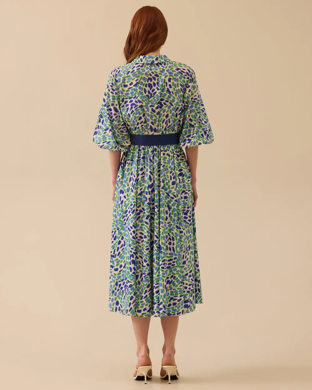 Patterned Midi Dress with Belt Detail