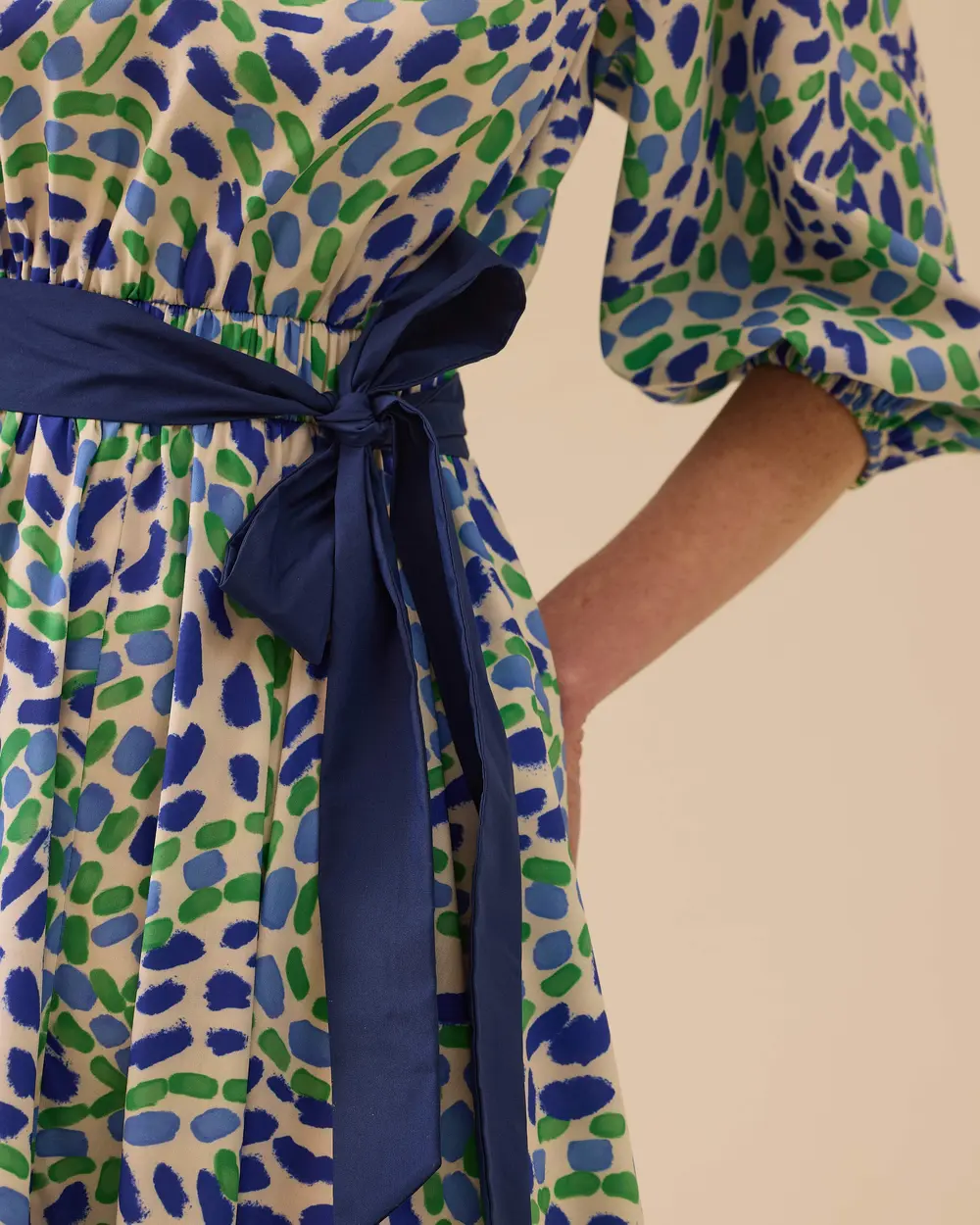 Patterned Midi Dress with Belt Detail