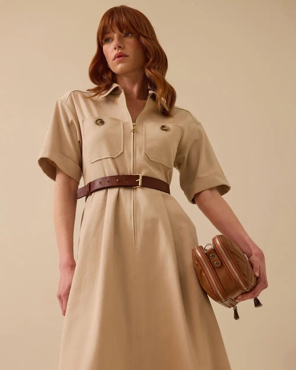 Shirt Collar Belted Zipper Dress