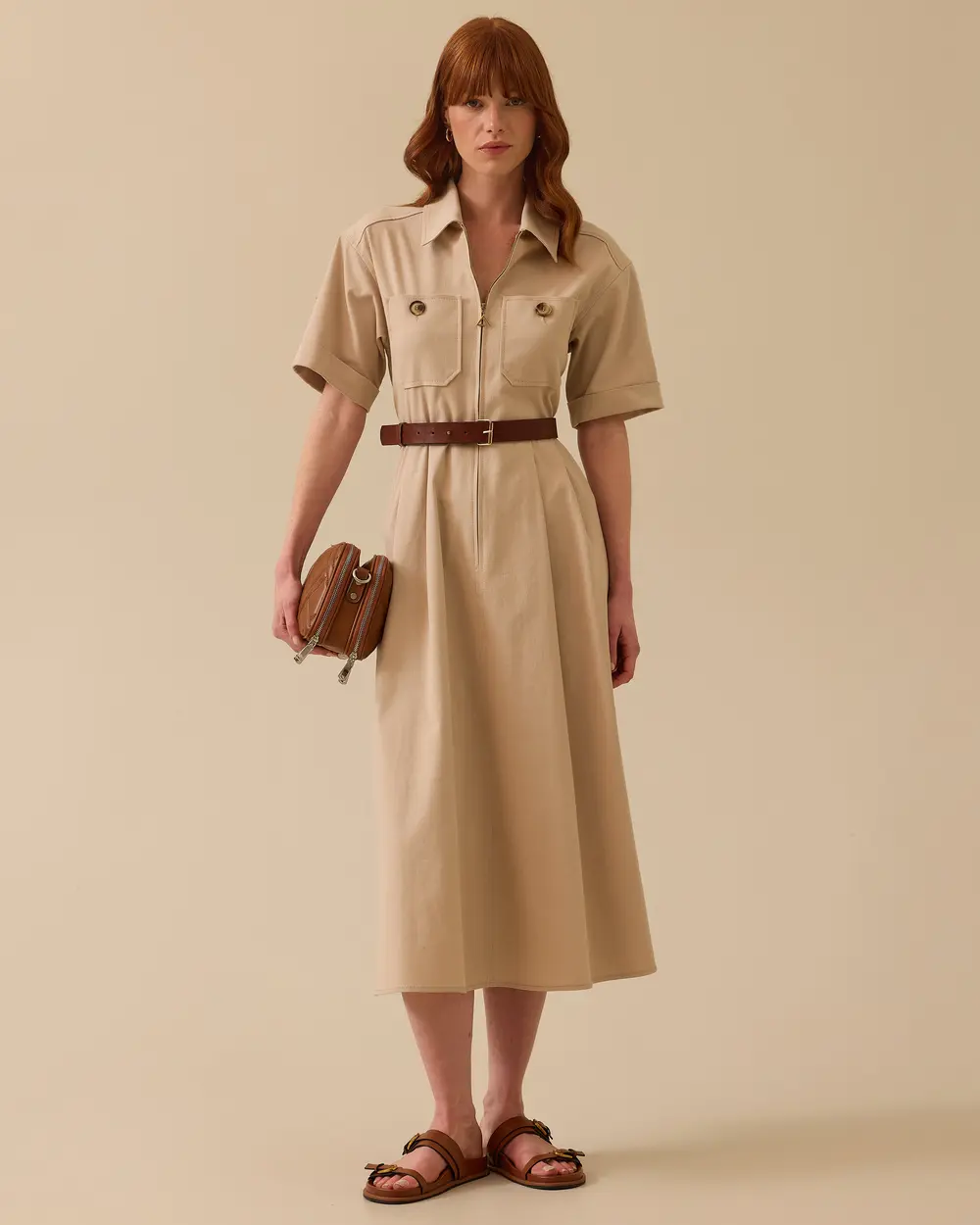 Shirt Collar Belted Zipper Dress