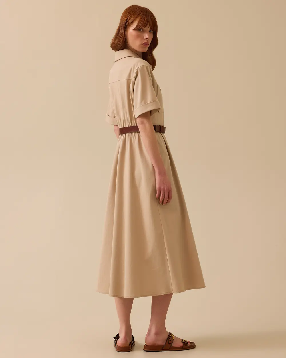 Shirt Collar Belted Zipper Dress
