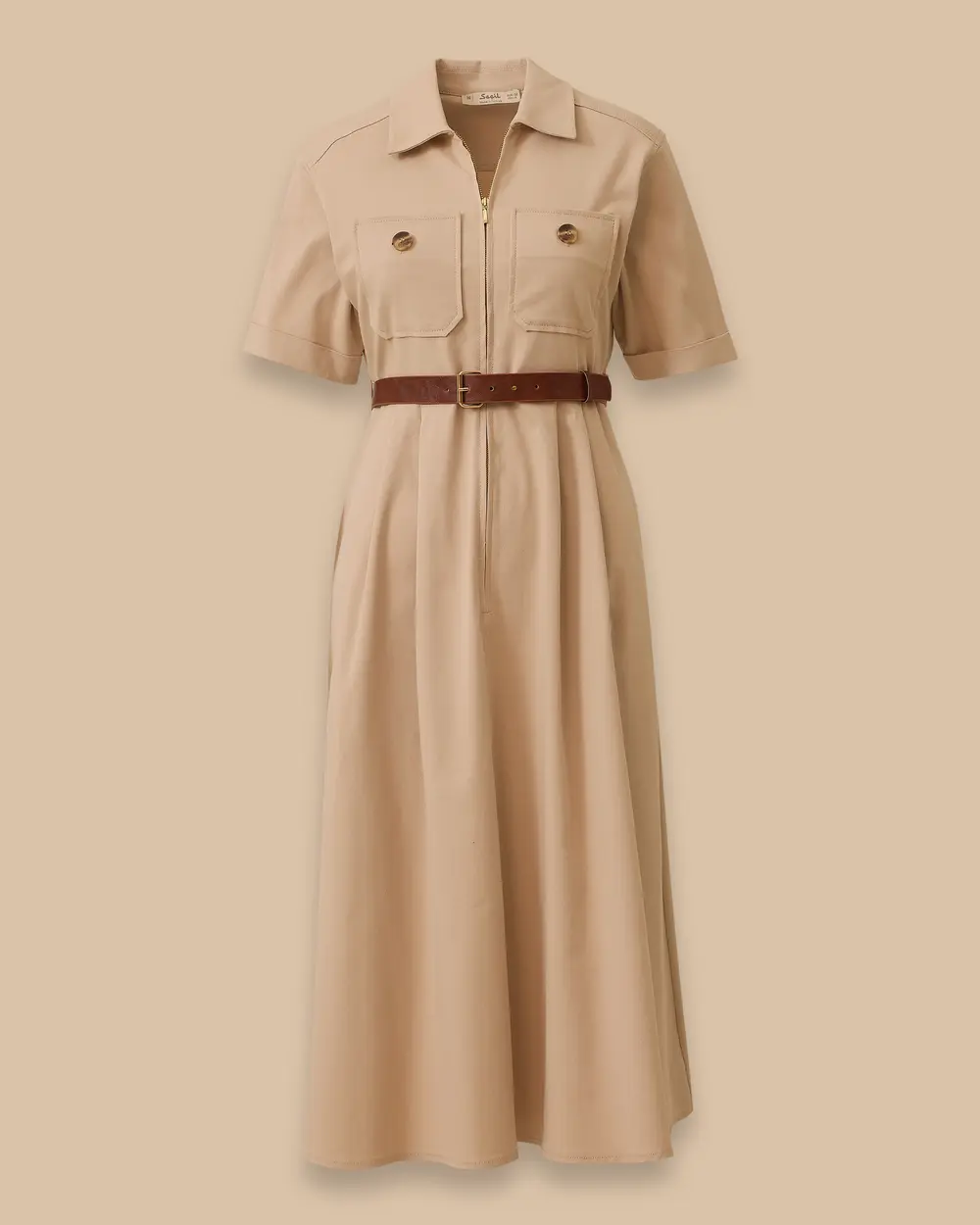 Shirt Collar Belted Zipper Dress