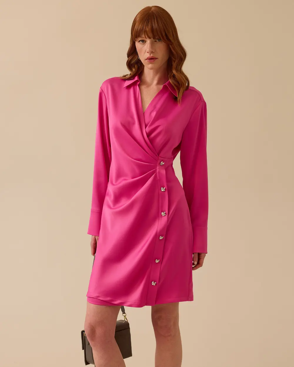 Shirt Collar Draped Button Detailed Dress