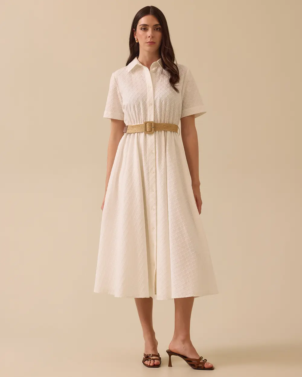 Patterned Belt Detailed Scalloped Dress
