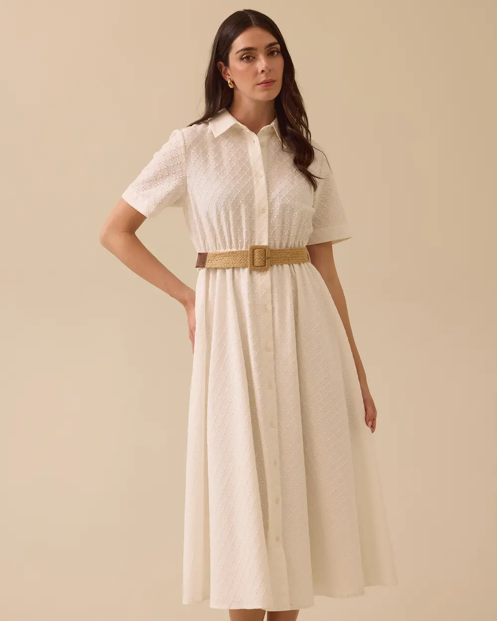 Patterned Belt Detailed Scalloped Dress
