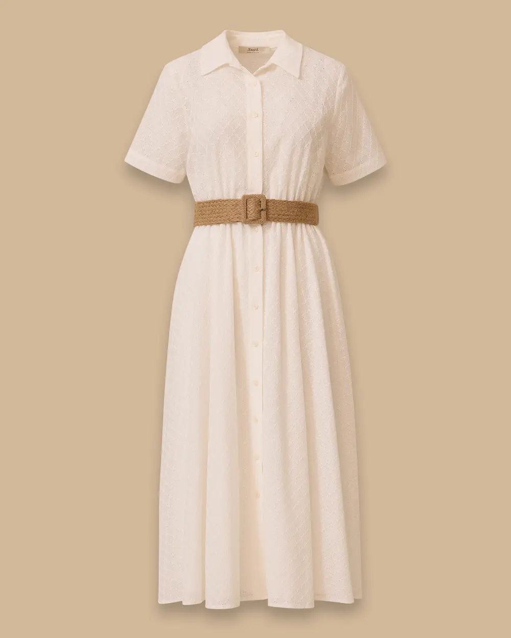 Patterned Belt Detailed Scalloped Dress