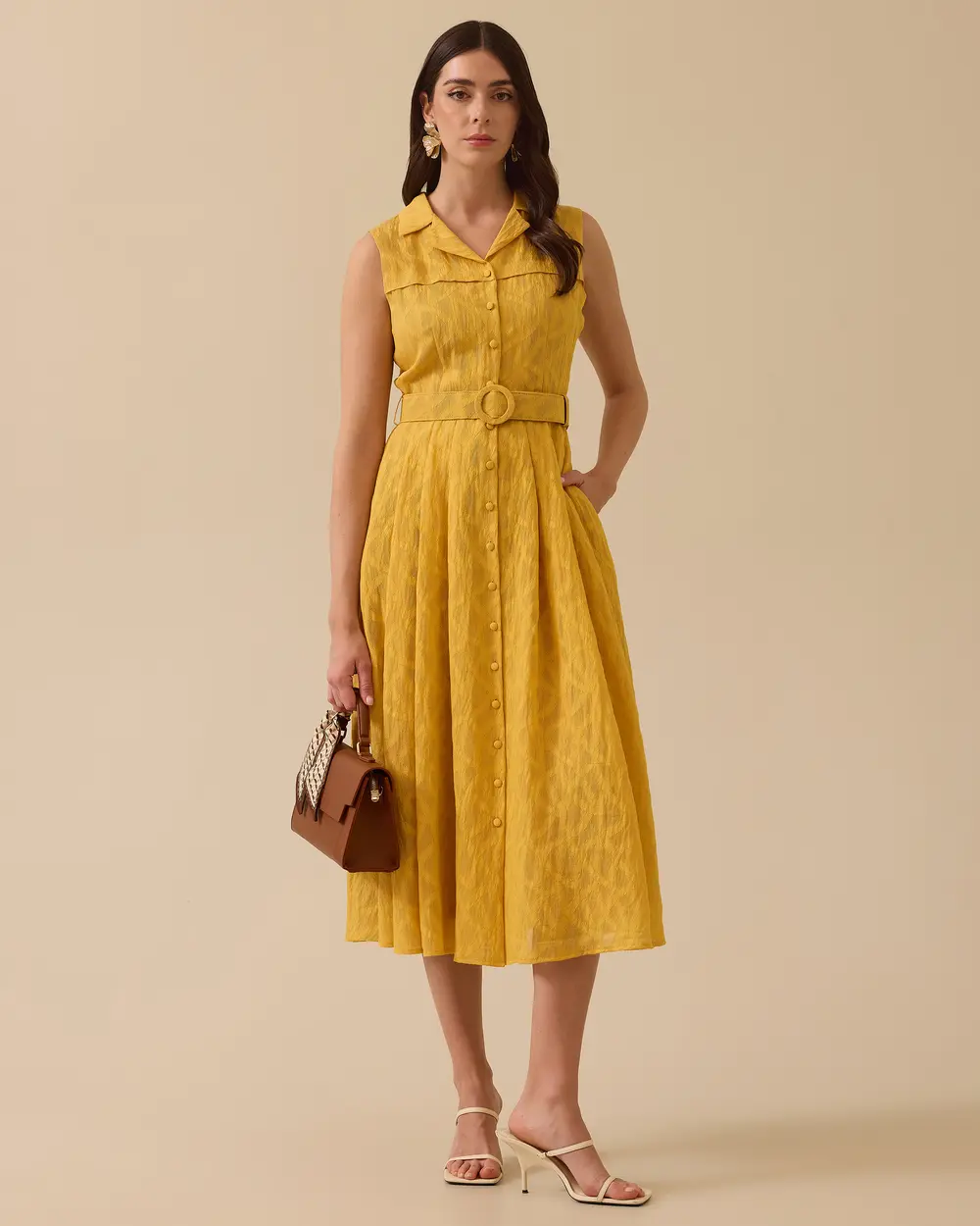 Sleeveless Midi Dress with Patterned Belt Detail