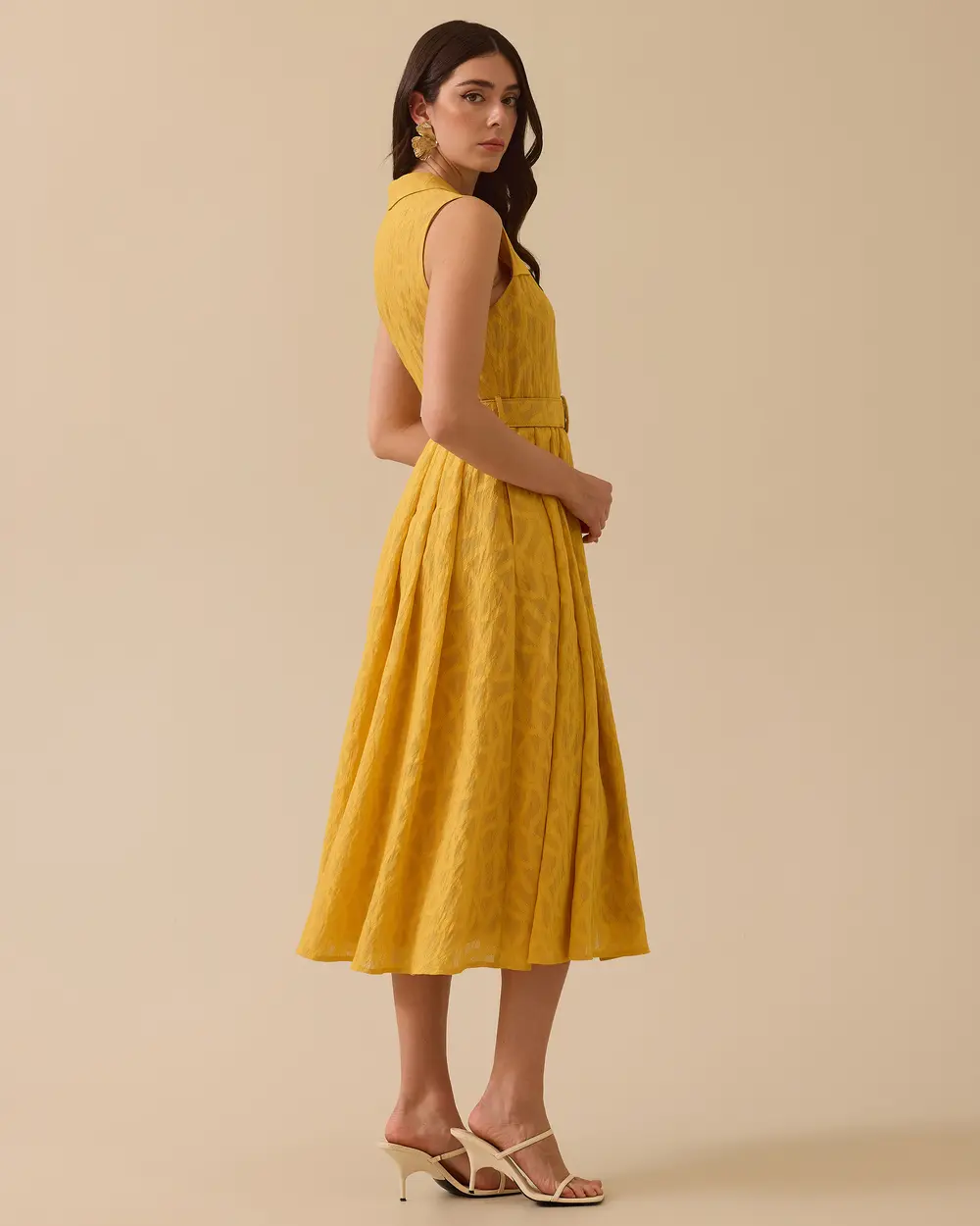 Sleeveless Midi Dress with Patterned Belt Detail