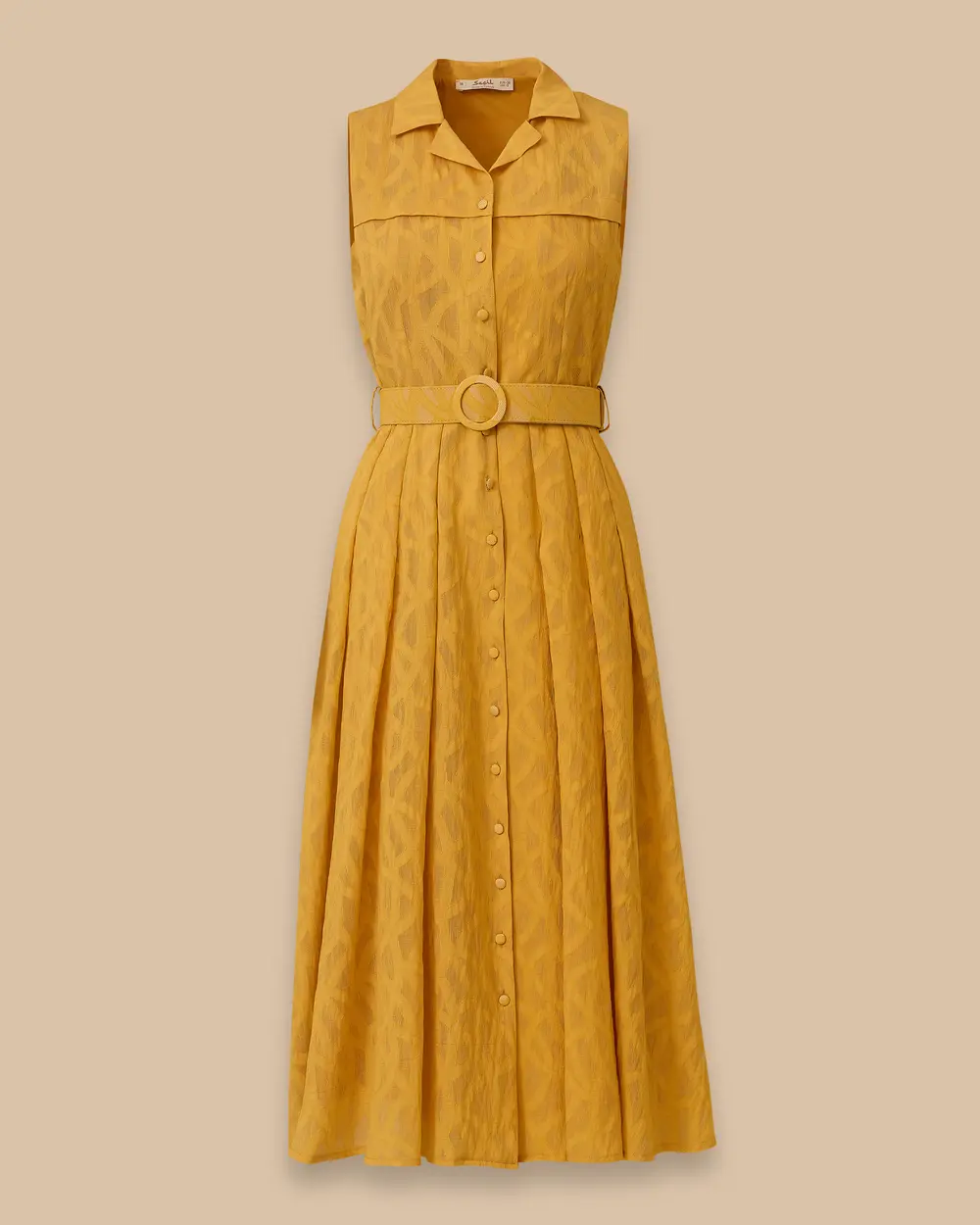 Sleeveless Midi Dress with Patterned Belt Detail