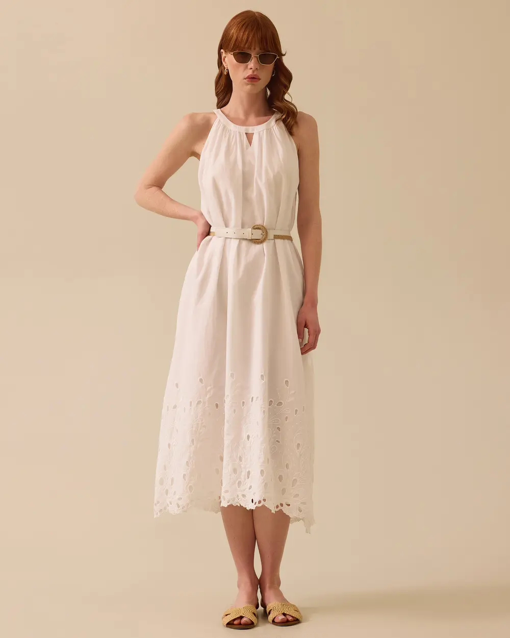 Linen Look Belted Scalloped Detailed Dress