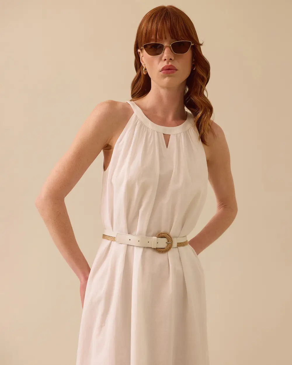 Linen Look Belted Scalloped Detailed Dress