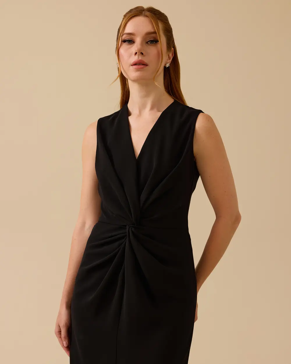 V-Neck Sleeveless Dress with Shirring Detail
