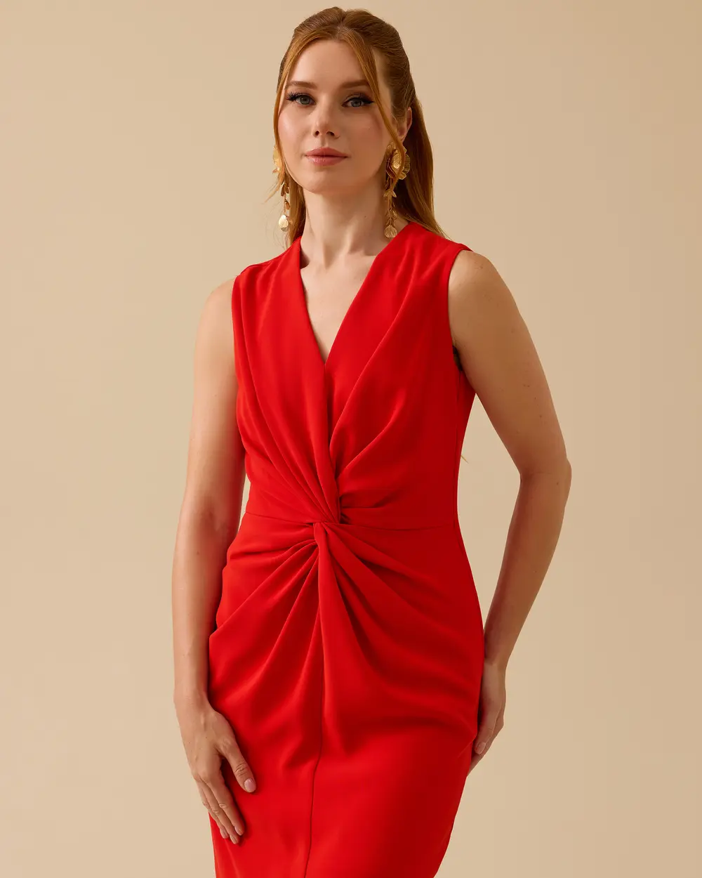 V-Neck Sleeveless Dress with Shirring Detail