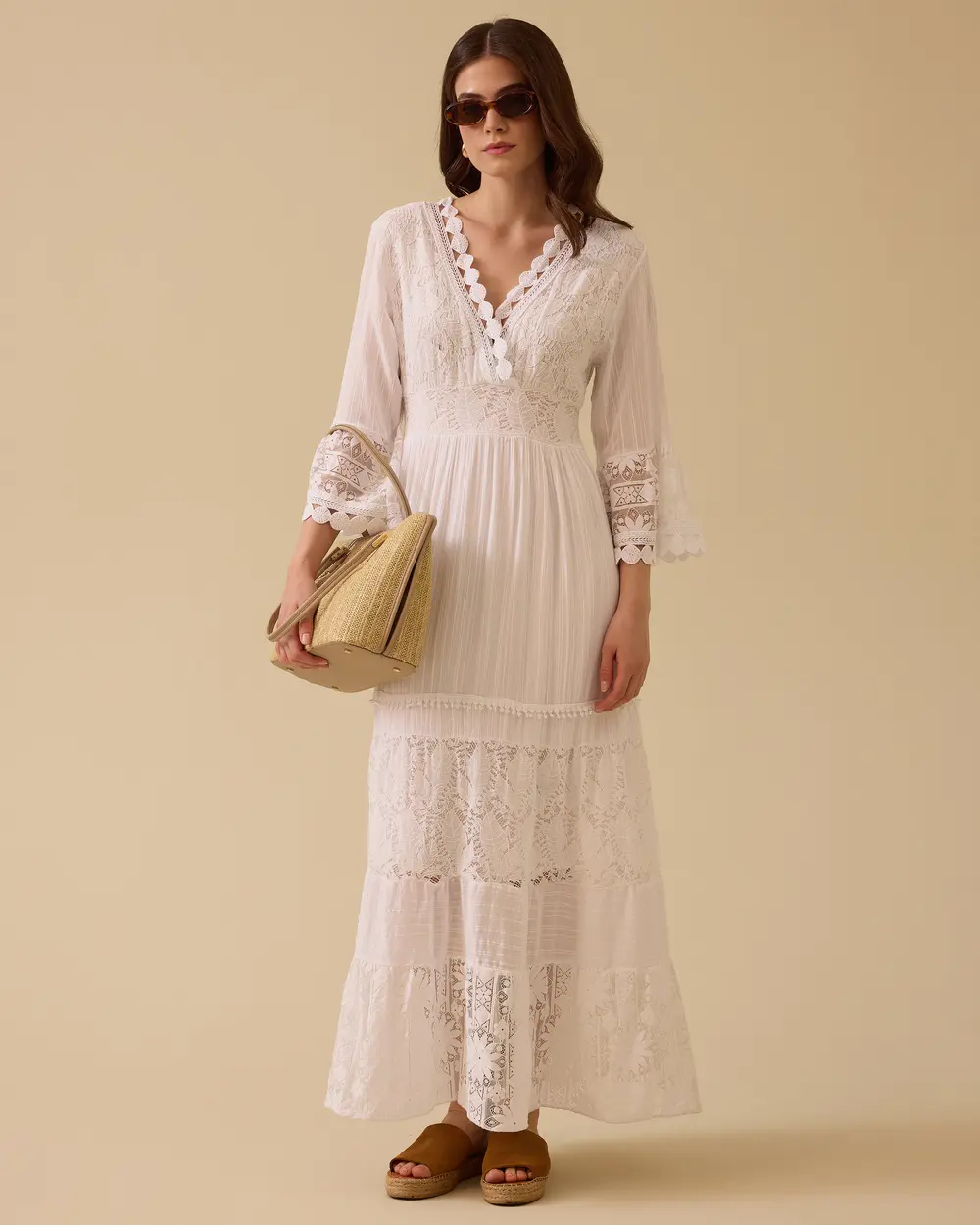 V Neck Lace Detailed Long Dress