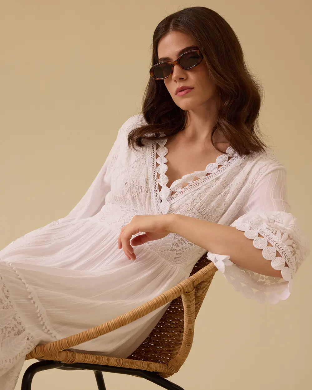 V Neck Lace Detailed Long Dress
