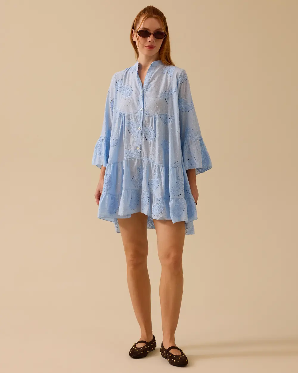 Scalloped Buttoned Flared Sleeve Dress