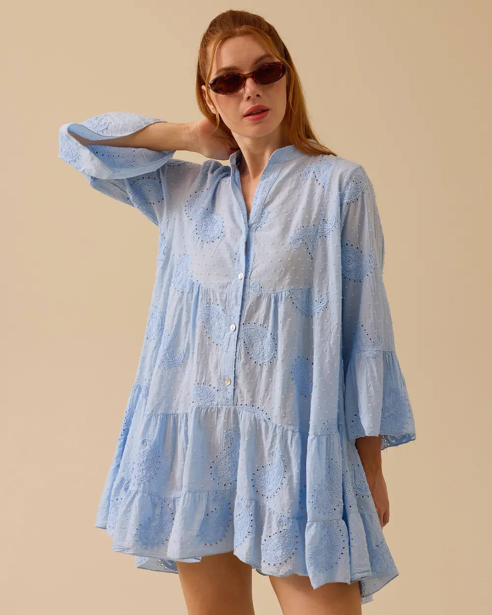 Scalloped Buttoned Flared Sleeve Dress