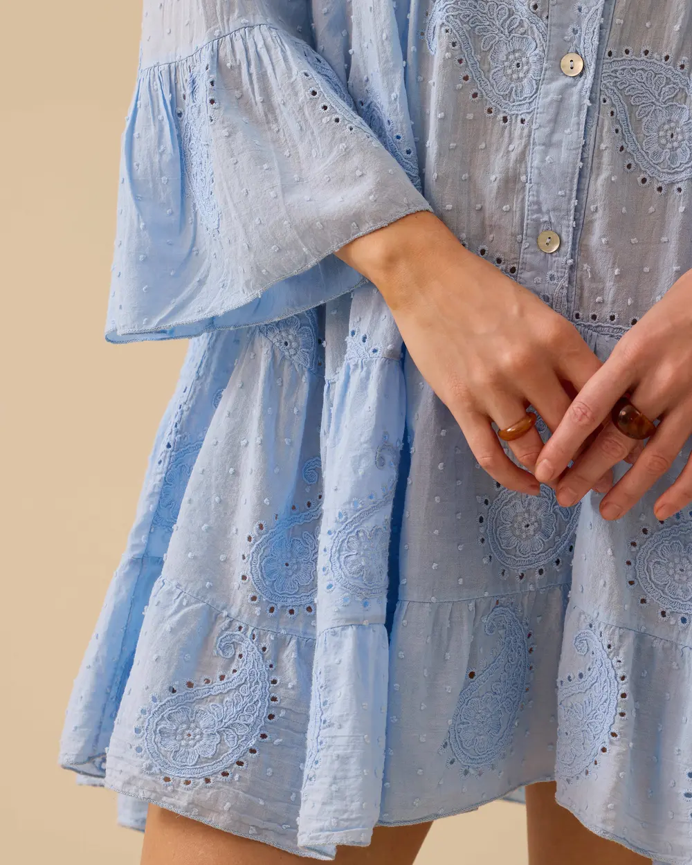 Scalloped Buttoned Flared Sleeve Dress
