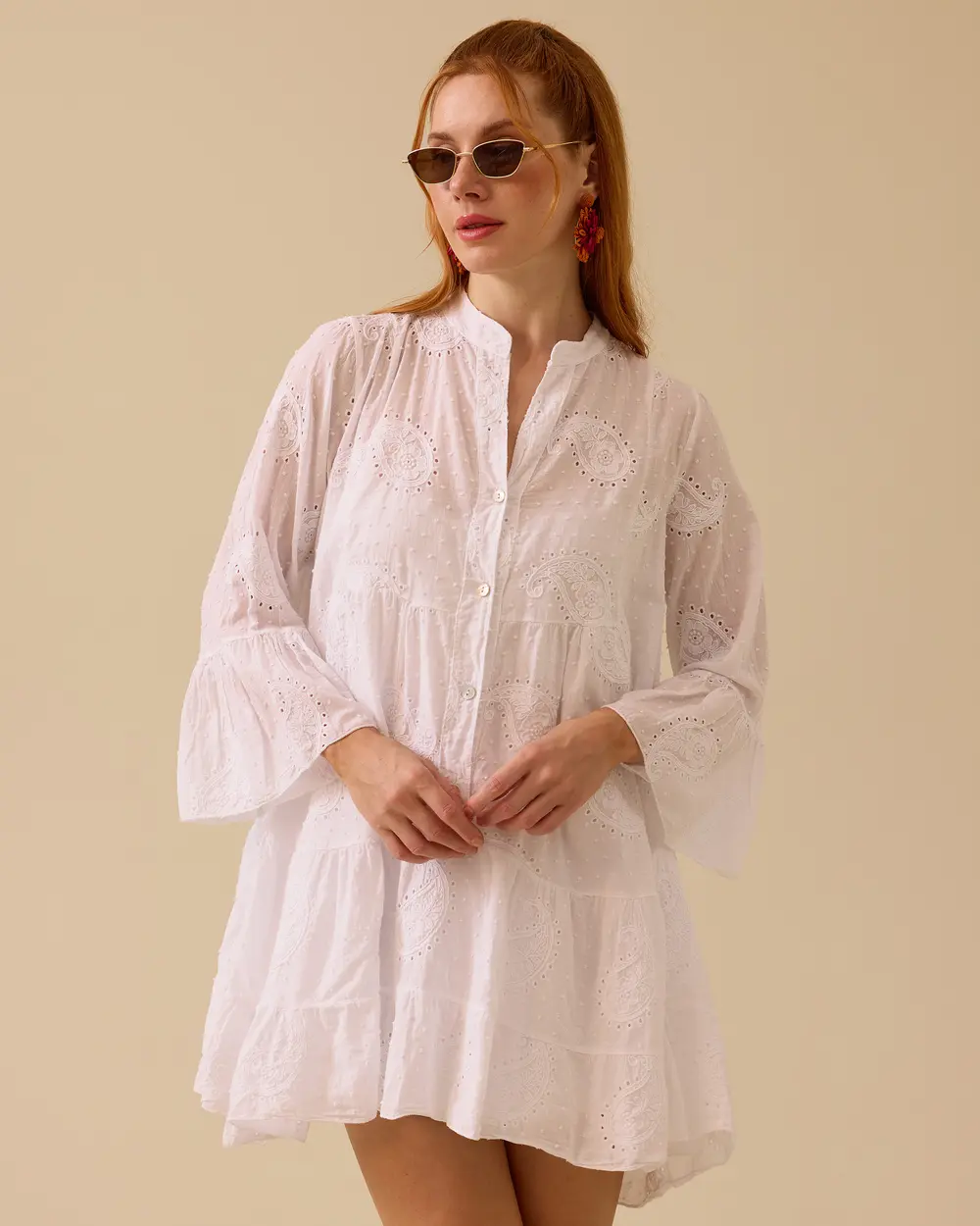 Scalloped Buttoned Flared Sleeve Dress