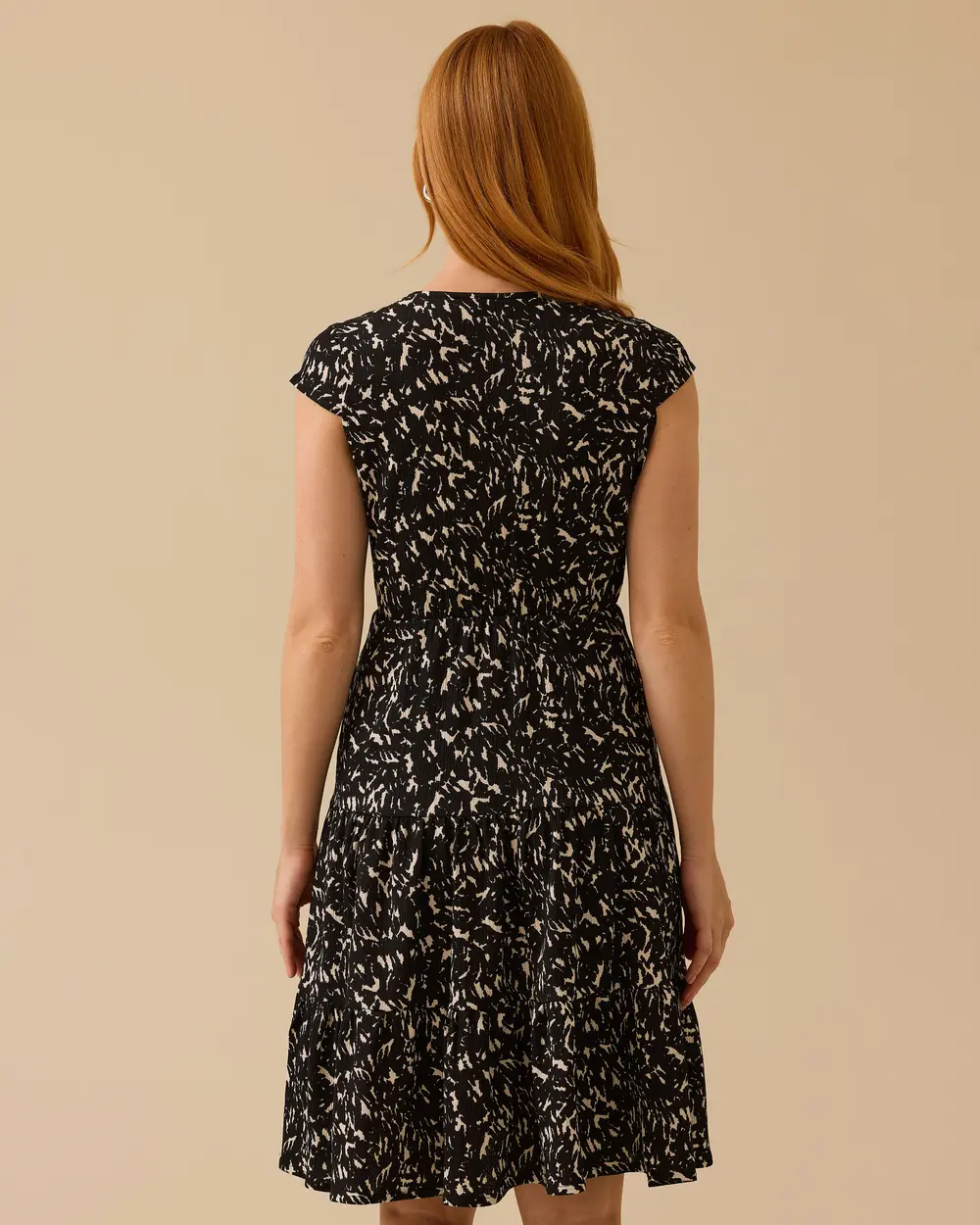 Desenli Elastik Bel Kat Etek Detaylı Elbise